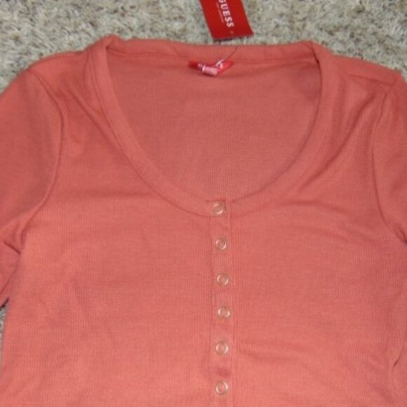 Womens Guess Henly Shirt Large Orange Ribbed Long Sleeve Scoop Snap Neck Top - Picture 3 of 5